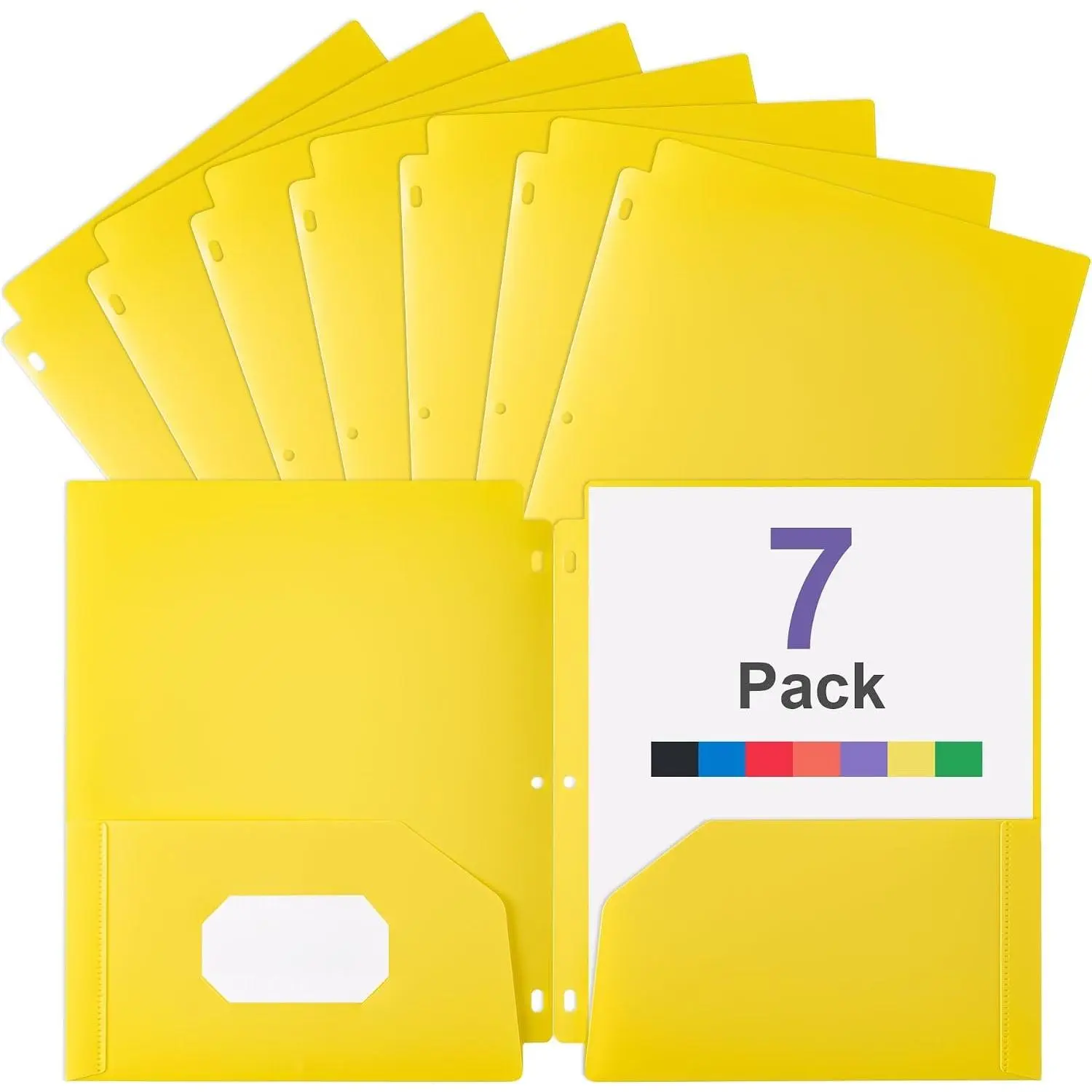 Plastic 3 Hole Punch Folders with Pockets (7 Pack, Yellow), Fits 3-Ring Binder, Divider Folder for Notebook, Durable Poly,Holds  Standard 8.5x11 Letter Size Paper