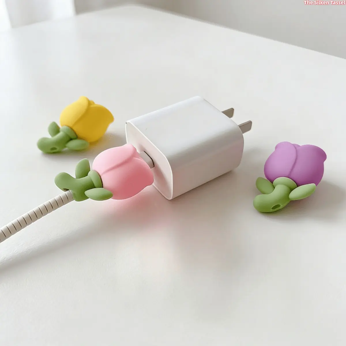 3 Pack Silicone Tulip Flower Cable Protectors - 3-Color Mix and Match, Easy to Install Tangle-Free Charging Cord Saver, Organized Tech Setup Accessory for Cell Phone Laptop, Travel Bag Cable Management Accessory