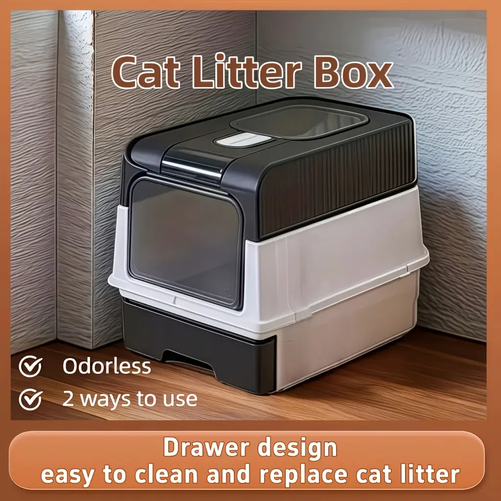 Large litter box with pull-out drawers, fully enclosed cat toilet for privacy and odor control, front entry and top exit, leak-proof and easy-to-clean tray, large litter box with litter shovel, ideal for daily use in multi-cat households