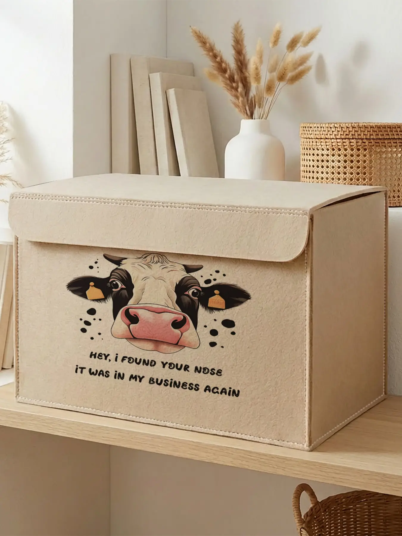 Cow Head Storage Box, Hey I Found Your Nose 2D Print, Felt Texture with Lid, Holds Clothes/snacks/documents, Ideal for Renters/students/moms