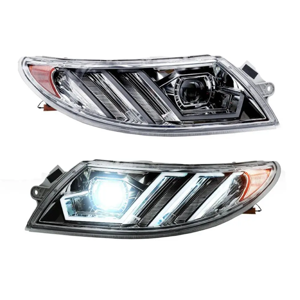 Full LED Headlight Pair Set for International 4100, 4200, 4300, 4400, 8500, 8600 with Chrome Housing & Arrow LED DRL Strip
