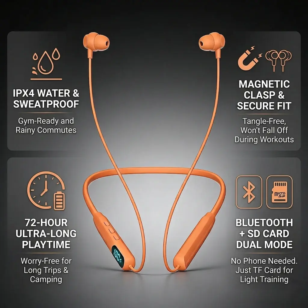Wireless Neckband Earbuds - 38ms Low Latency Gaming Audio Headset with 72H Playtime, LED Digital Battery Display, IPX4 Waterproof, Magnetic Clasp, SD Card MP3 Player, Secure Grip, Easy-Press Buttons for Sports Use Smart Voice Assistant ENC,Noise