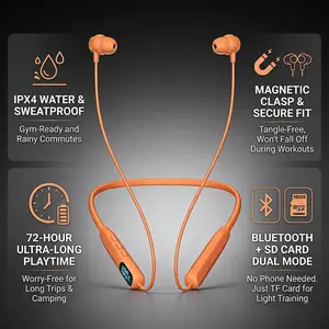 Wireless Sports Neckband Earphones with 72H Playtime Bluetooth 5.3 38ms Low Latency Gaming Headset IPX4 Waterproof SD Card MP3 Player Magnetic Clasp LED Display
