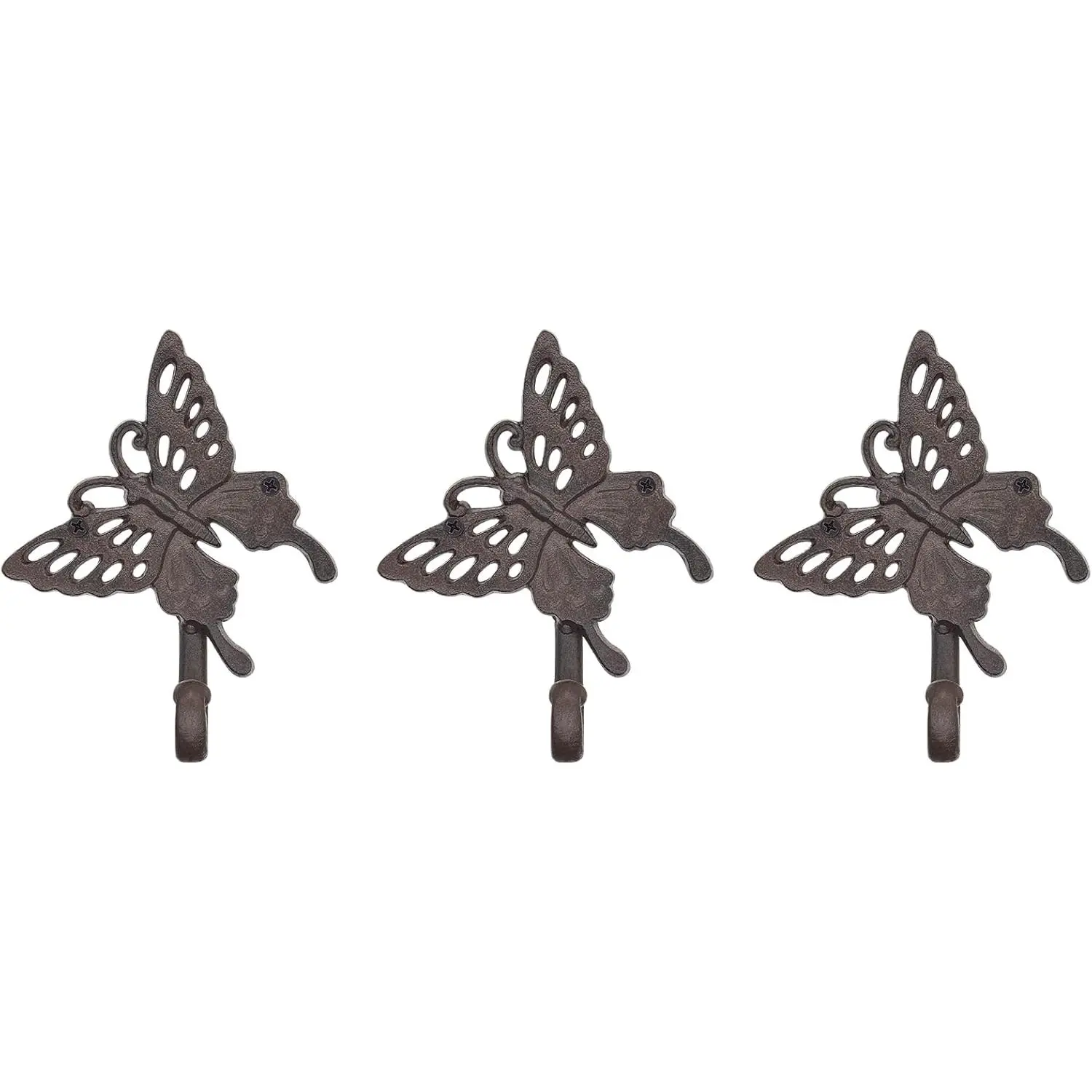 3-Pack Wall Mounted Cast Iron Butterfly Wall Hooks - Heavy Duty Rustic Brown Hangers for Hanging Items, Farmhouse Entryway Shabby Chic Vintage Home Decor