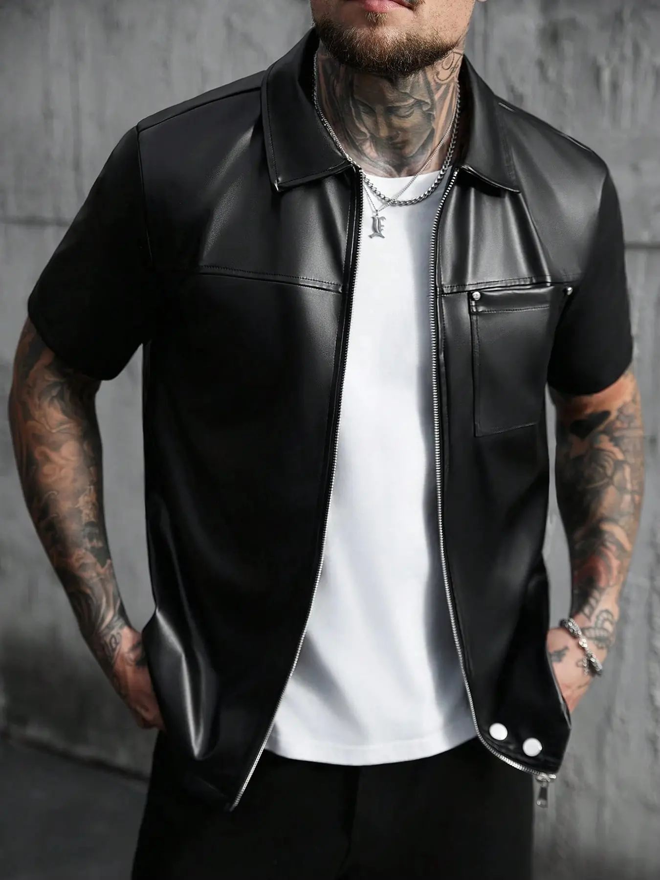 Men's Fashion PU Leather Zip Front Short Sleeve Jacket, Street Style Spring Fall Party Jacket, Casual Gift for Boyfriend
