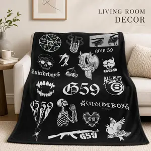 G59 Records Collage Fleece Blanket – Hip Hop Rap Graphic Throw, Soft Cozy Plush Blanket with Grey59 Iconic Logos, Streetwear Style Bedding, Couch, Bed, Living Room, Bedroom, Gift for Fans, Rap Music Decor