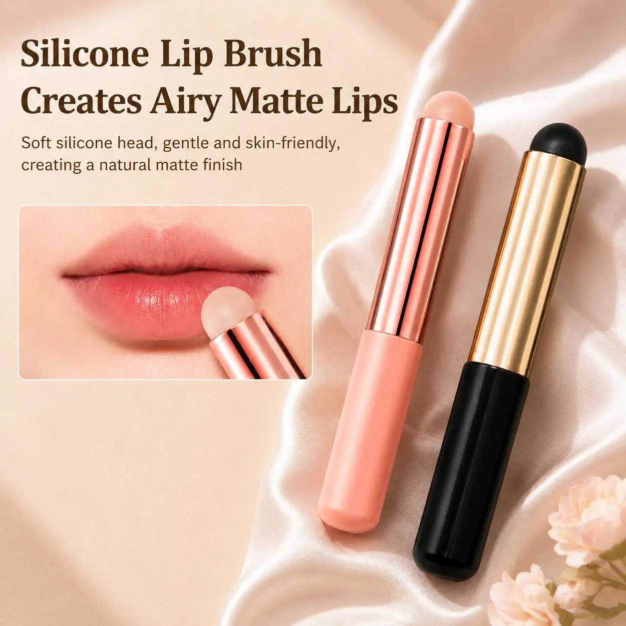Silicone Makeup Brush Set, Professional Cosmetic Applicators with Food-Grade Silicone Tips & Wood Handles for Lip Gloss, Concealer & Eyeshadow, Cosmetic Brush, Beauty Brush Set