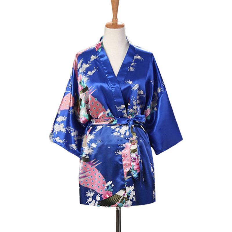 Lace Up Woman Peacock Print Japanese Kimono Yukata Silk Satin Short Style Sleepwear Home Nightgown Bath Robe Costume