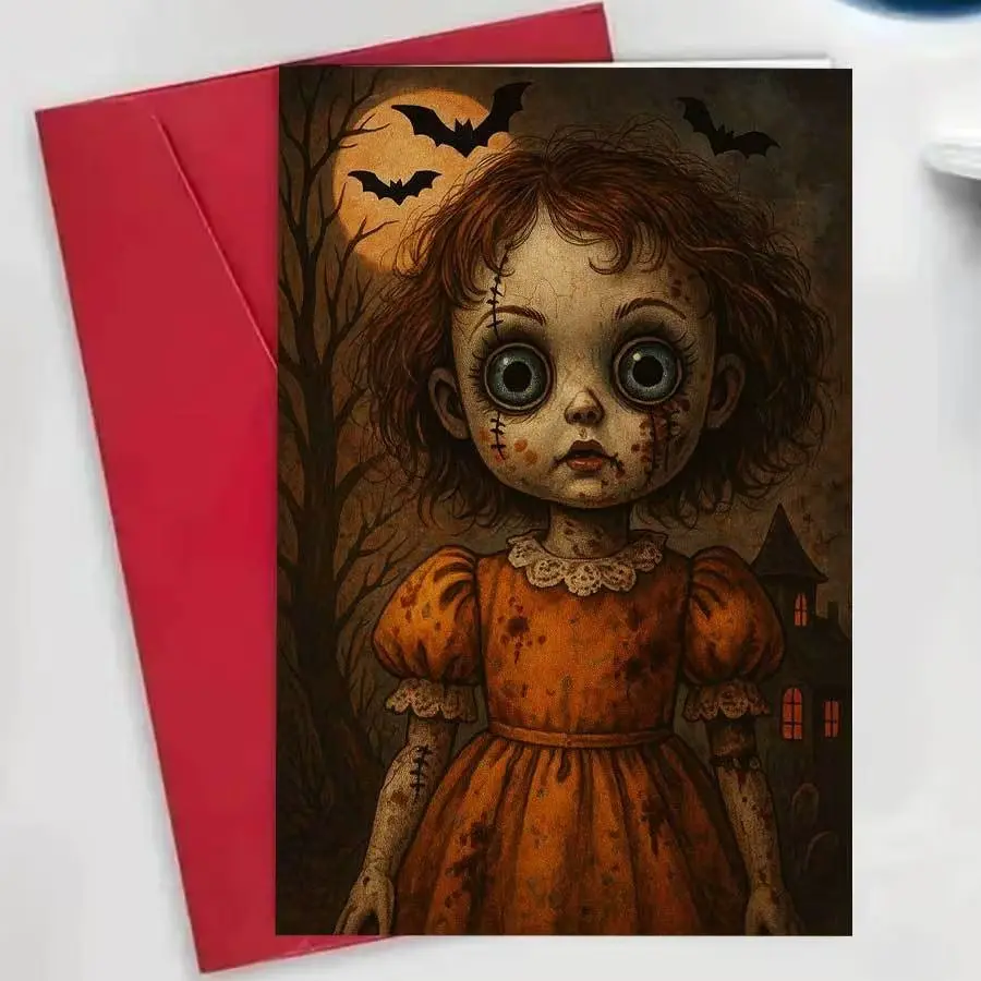 Spooky Halloween Card with Creepy Doll and Bats, Perfect for Horror Fans, Party Invitations, Unsettling Decor Gifts, Includes Envelope