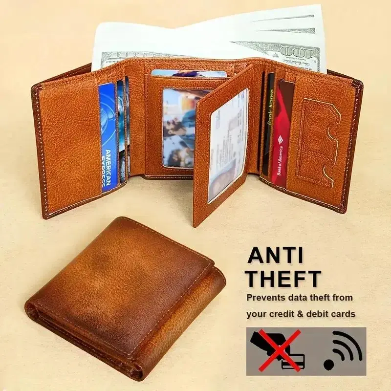 Unisex Retro Trifold Wallet, Genuine Calfskin Leather with RFID Blocking & Buckle, Large Capacity with ID Photo Slot, Nylon Vintage Fashion Accessory, Women
