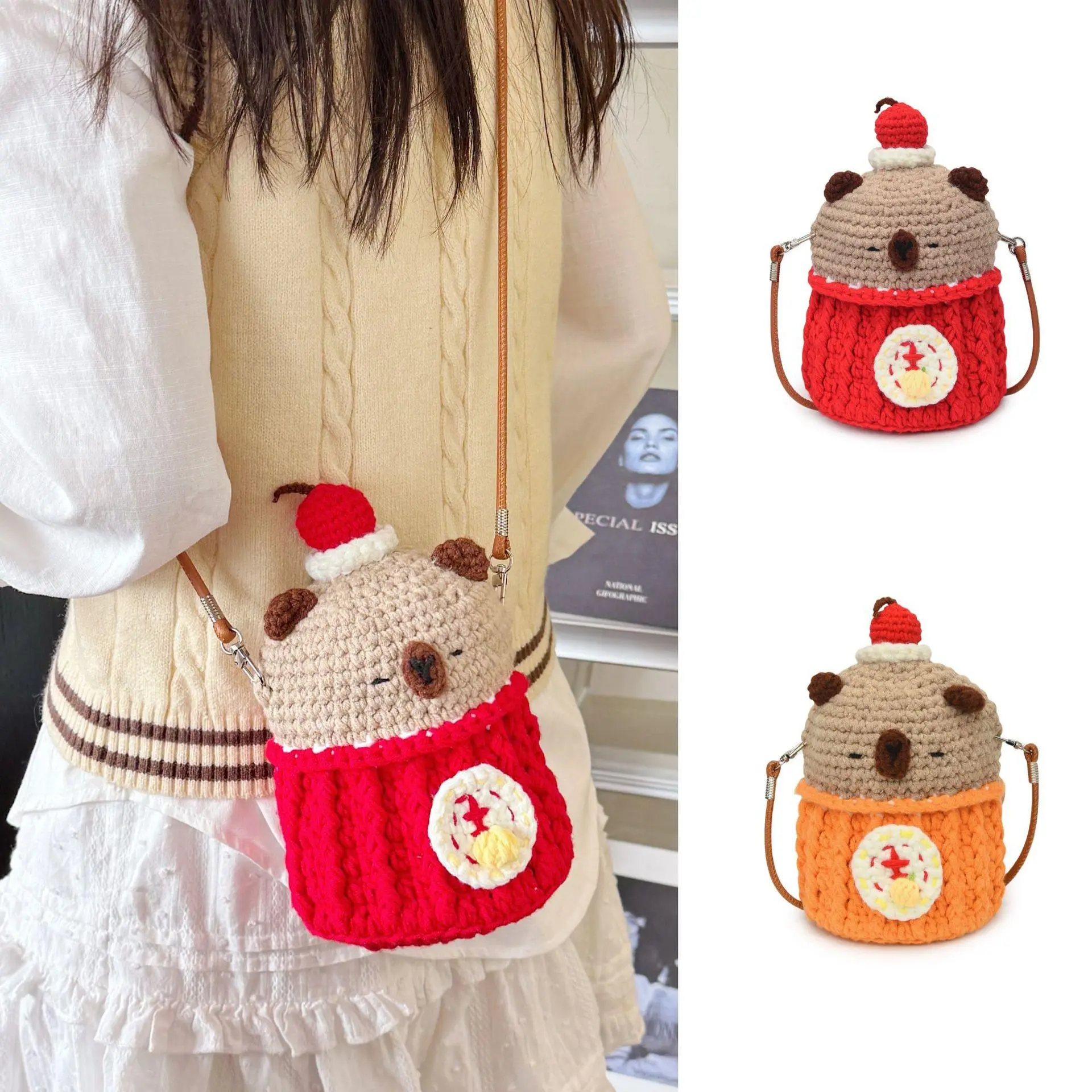 Women's Handmade Kawaii Crochet Bear Mini Crossbody Purse, Casual Synthetic Yarn Phone Pouch with Crossbody Strap for Teens