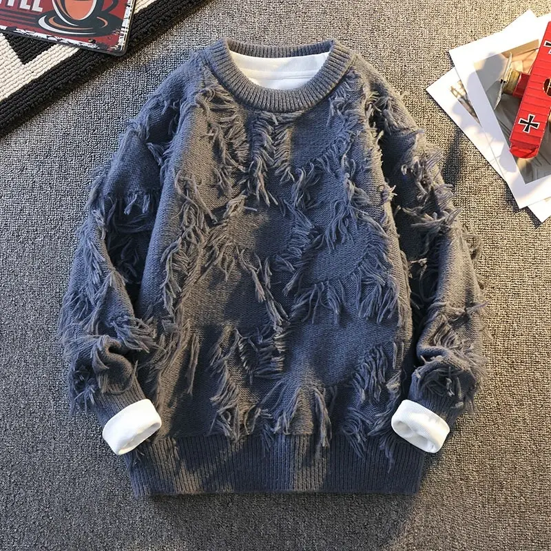 Ripped And Stylish Men'S Sweater, Autumn And Winter Casual Round Neck Trendy Pullover, American High Street Style With 3D Tassels And Frayed Edges, Unique Pullover Knit Top For Men And Women, Couple'S Style #   Sohochic