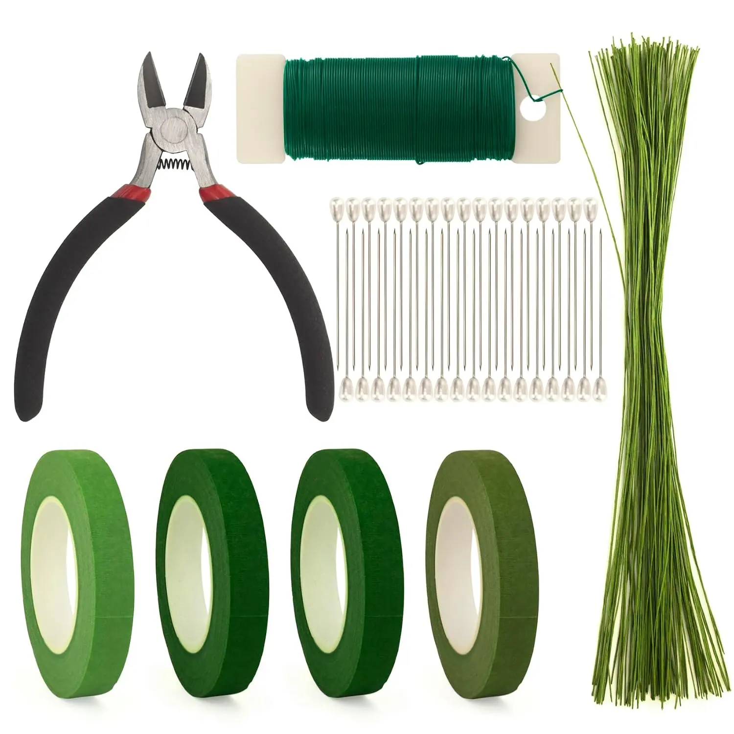 Floral Arrangement Kit, Green Floral Tape Floral Stem Wire Floral Wire Boutonniere Flower pin and Wire  Tools Kit for Bouquet Stem Wrap Florist, Wreath Making Supplies