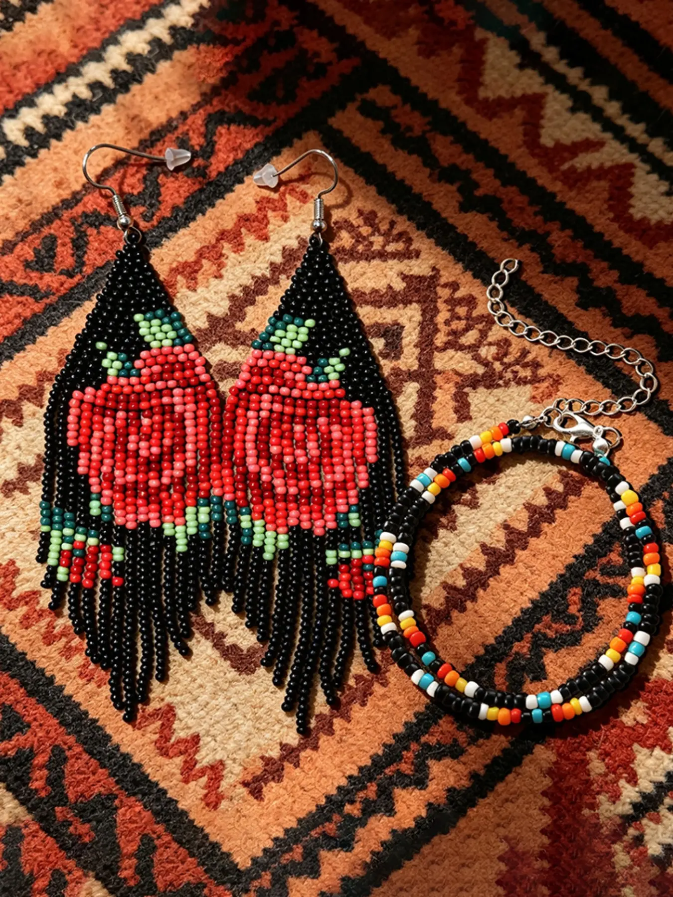 Handmade Seed Bead Tassel Earrings & Beaded Choker Necklace, Rose Floral Water Drop Design, Boho Fashion, Perfect Gift for Various Occasions