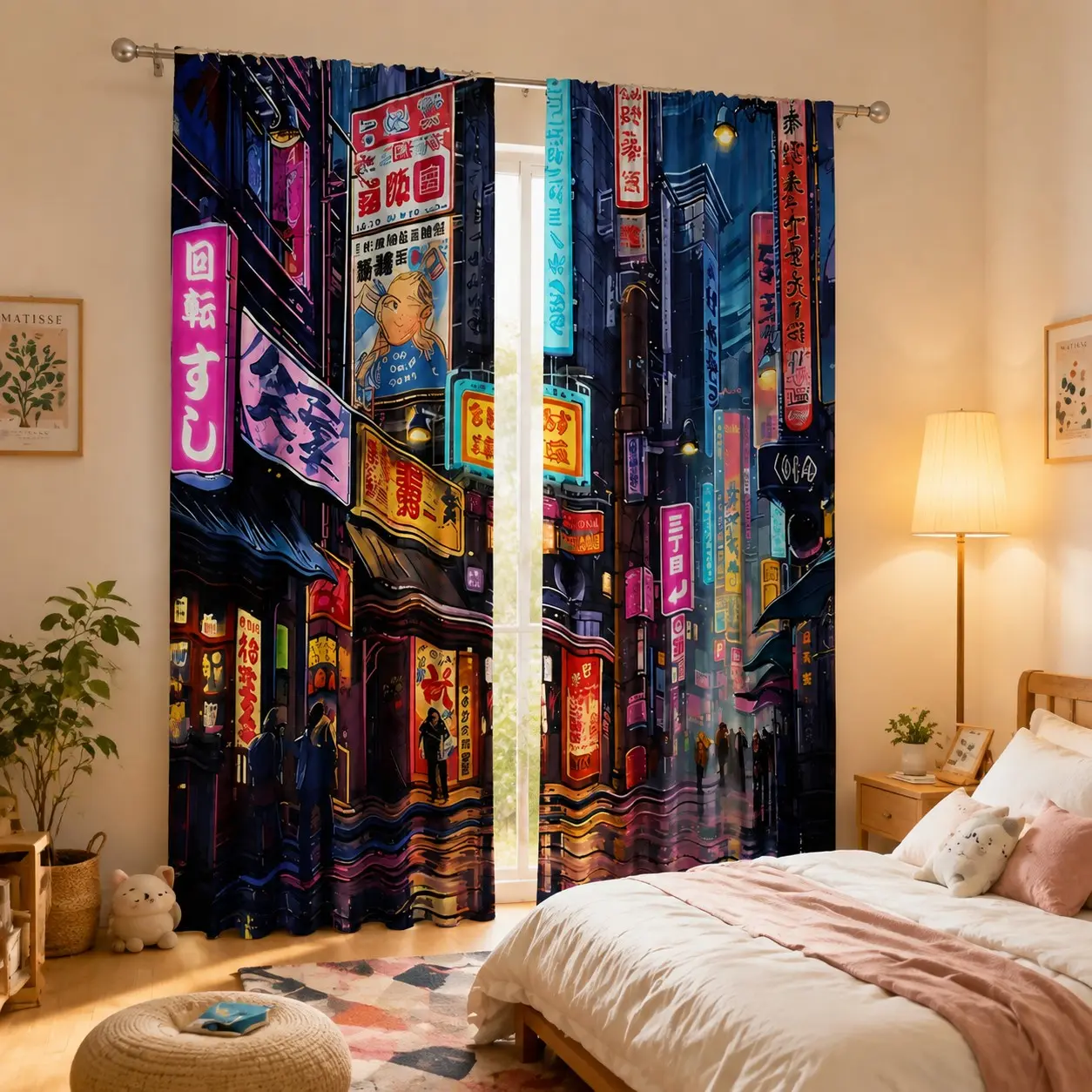 2 Piece Japanese Neon Cityscape Print Fabric Curtains, Cyber Anime Style, Perfect for Bedroom Living Room, Trendy Home Decor