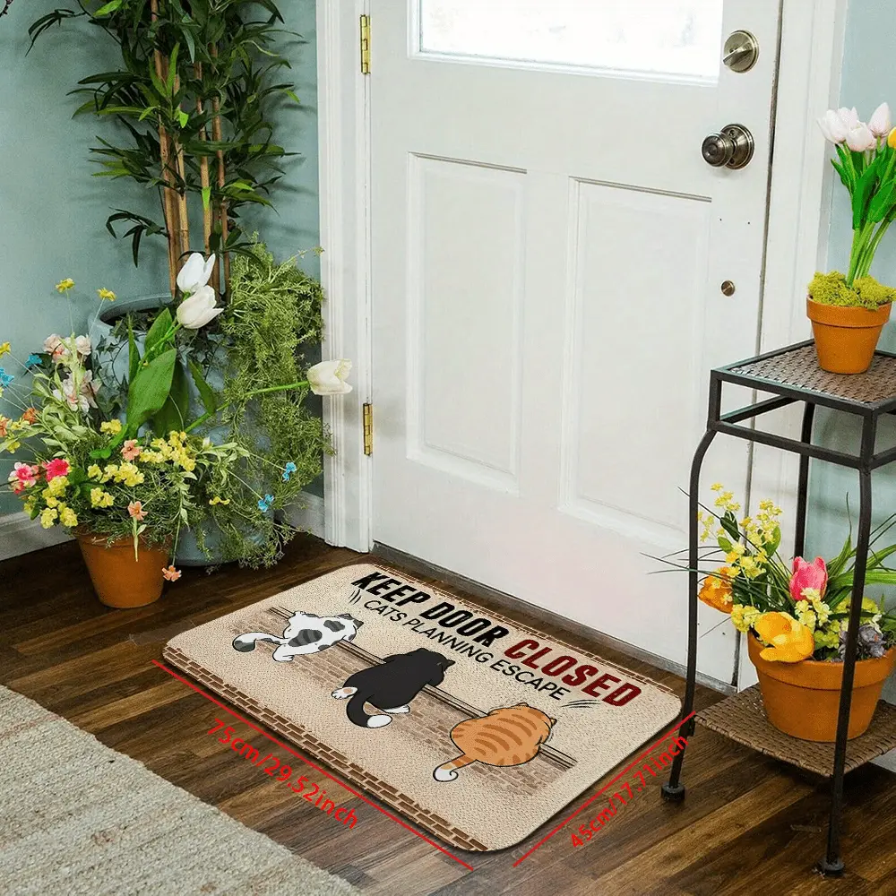 1pc Casual Animal Joke Cat Warning Door Mat - Colorful Flower-Decorated, Non-Slip, Machine Washable, Cats Plan Escape Reminder, 11.81*31.49 in/15.74*23.62 in Sizes, Farmhouse Home Entryway Rug