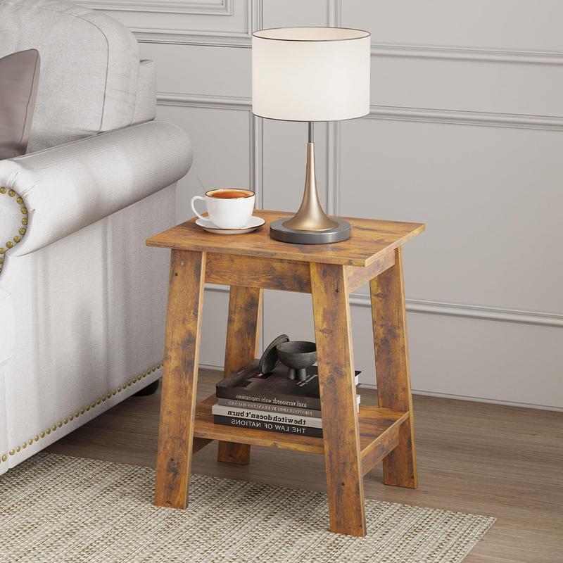 Farmhouse Rustic End Table with Storage Shelf, 2-Tier Narrow Accent Table for Living Room & Bedroom
