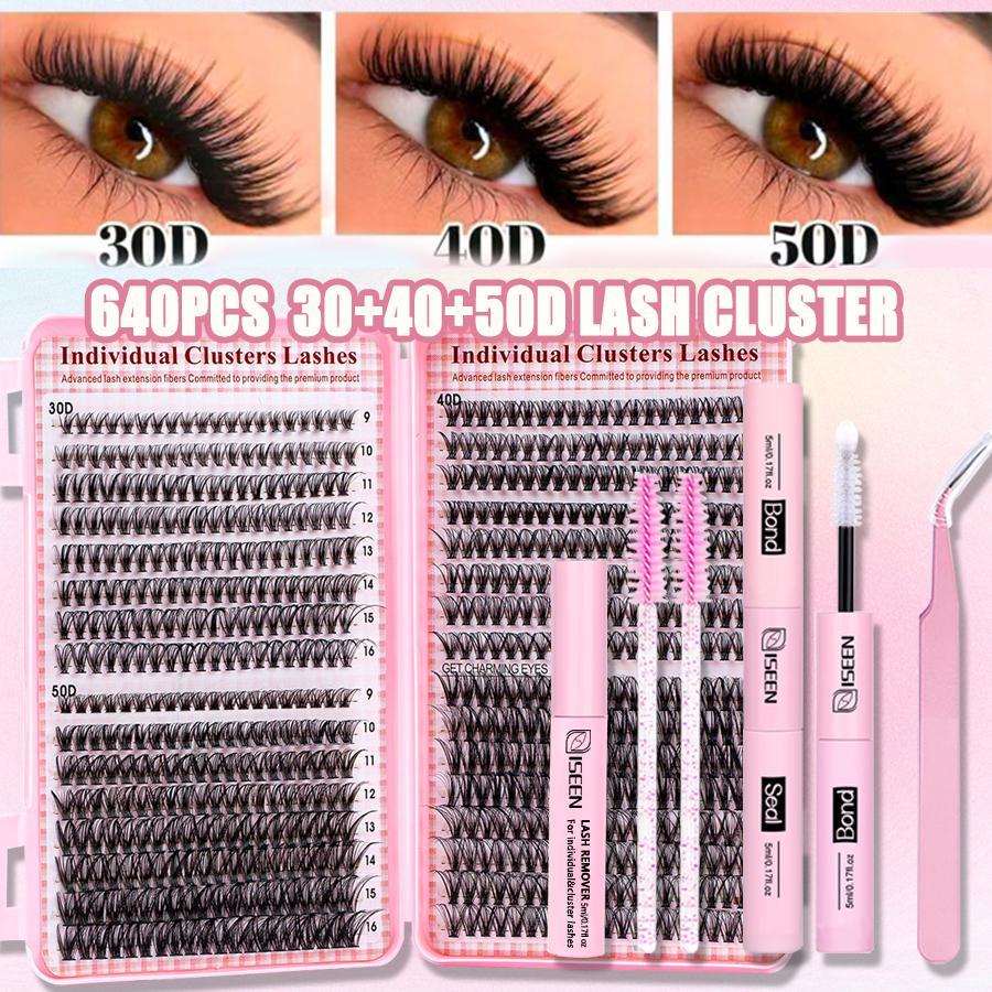 Individual Eyelash Extension Kit, 1 Set False Eyelashes Diy Cluster Lash with Eyelash Glue & Tweezers & Glue Remover, Professional Eye Enhancement Tools for Women, Makeup DIY Eyelashes Kit Natural Set