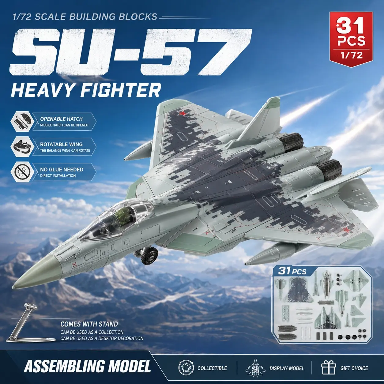 SU-57 Fighter Jet, Quick Build Kit, 1:72 Scale, Military Jet, Toy Airplane, Assembly Airplane, Plastic, Aircraft Model with Stand (31 Parts)