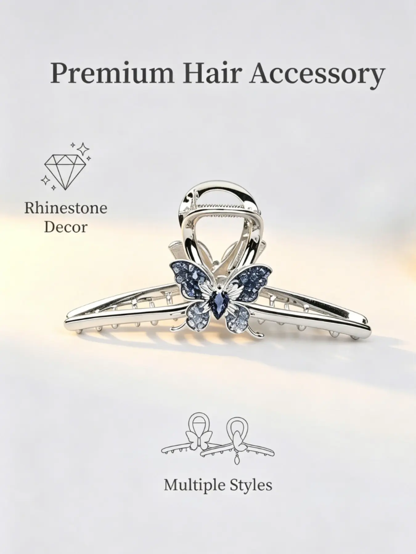 Luxury Blue Diamond Butterfly Hair Clip for Women, Unique Design with Fringe Pendant, Back-Of-Head Ponytail Holder, Shark Clip
