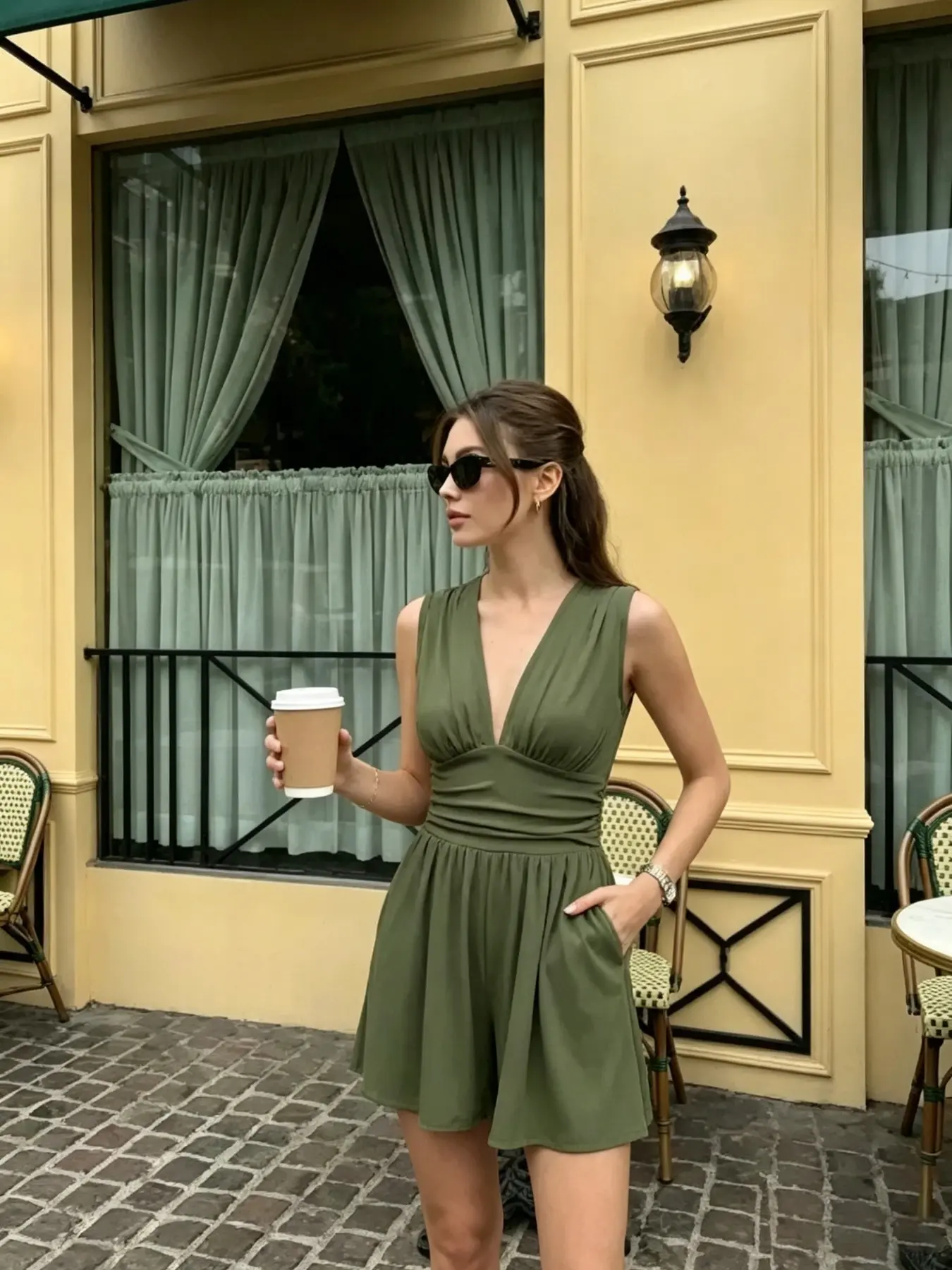 Women's Deep V Neck Sleeveless Elegant Romper, Waist Cinch Pleated Flowy with Pockets, Summer Casual Vacation Short Dress