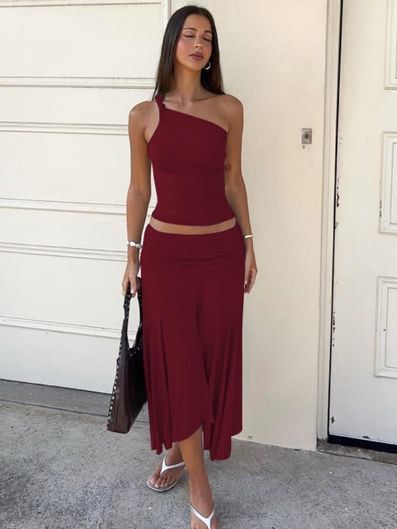 Women's Solid Color Cami Top & Skirt Two-piece Set, Sleeveless Top & Skirt, Ladies Summer Clothes for Daily Wear, Suits, Matching Skirt Set