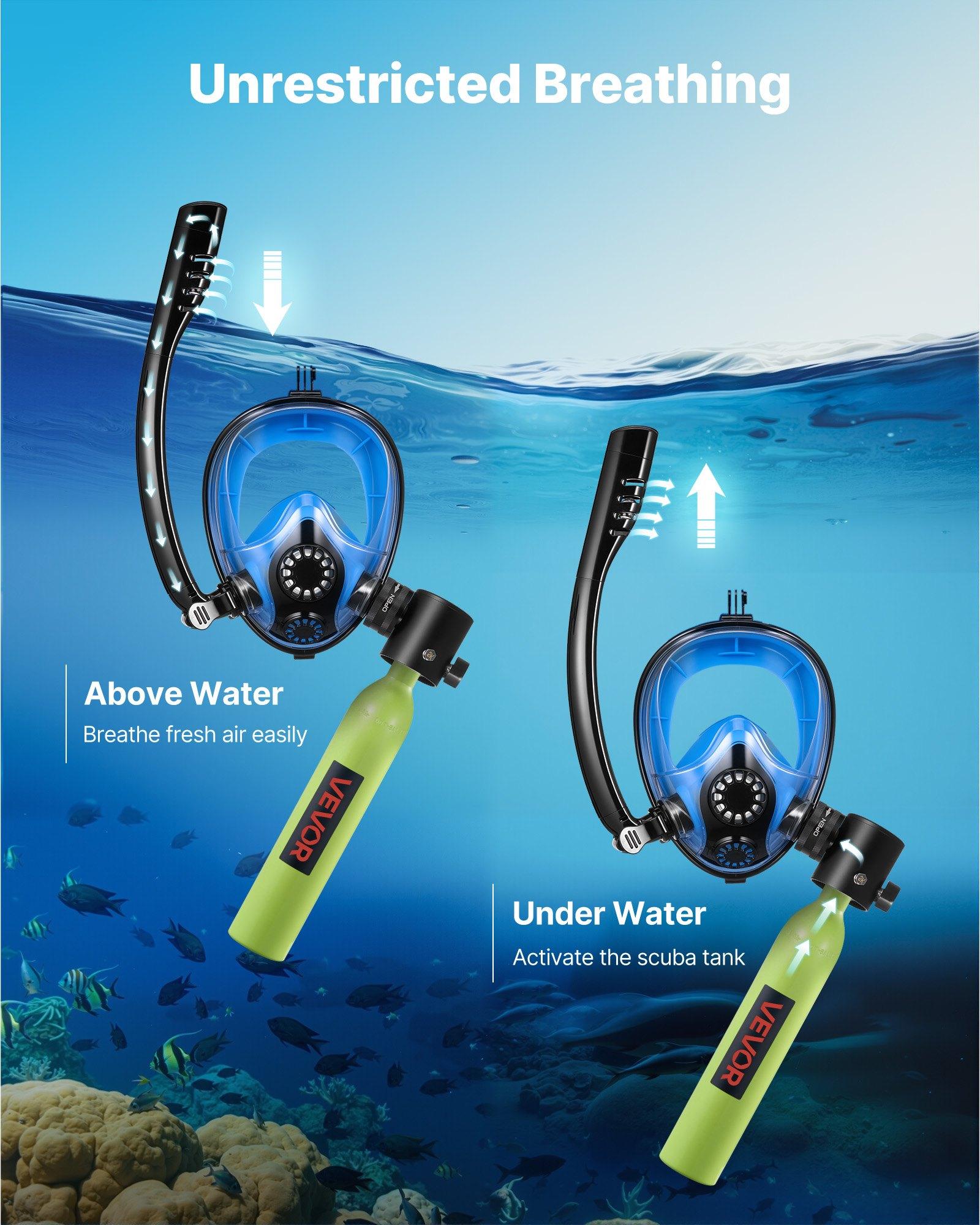 VEVOR Mini Scuba Tank with Sub-Mask, 0.5L Portable Diving Tank for Underwater Breathing, Reusable Lung Diving Cylinder up to 10 Minutes Dive Time, Emergency Rescue Pony Bottle with Pump for Snorkeling