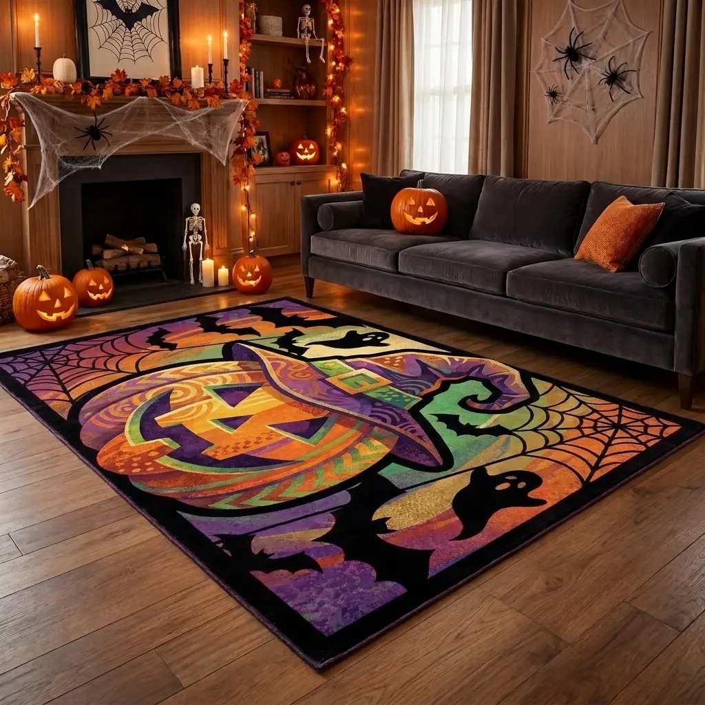 100cm×160cm/3.28'×5.25' Black Background Halloween Witch Pumpkin Decor Rug, Anti-Slip Stain Resistant Floor Rug for Fireplace Living Room, Classic Purple Orange Spooky Halloween Indoor Holiday Decoration Rug