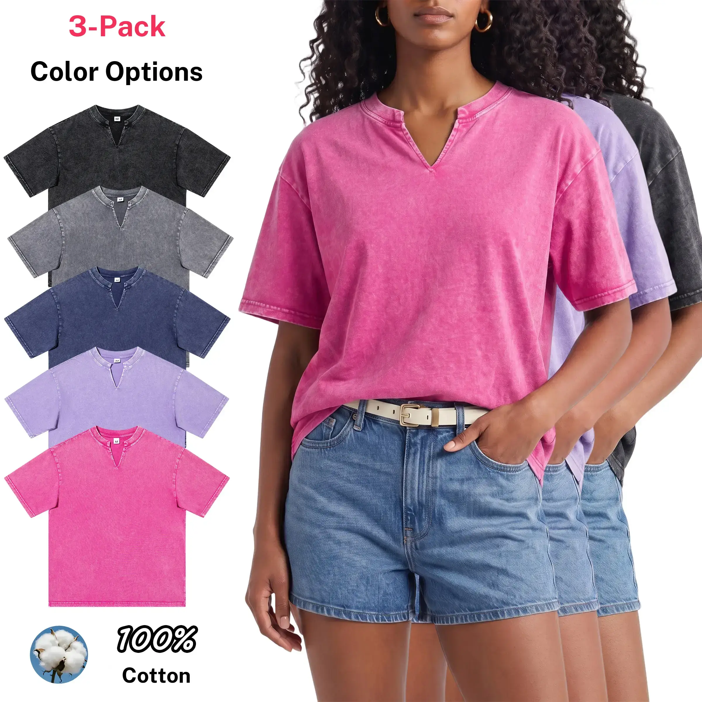 Women’s 3 pack 100% cotton solid color loose vintage wash V neck T shirts, all season streetwear base layer tops suitable for everyday wear, unisex couple matching design, top choice for gifting.