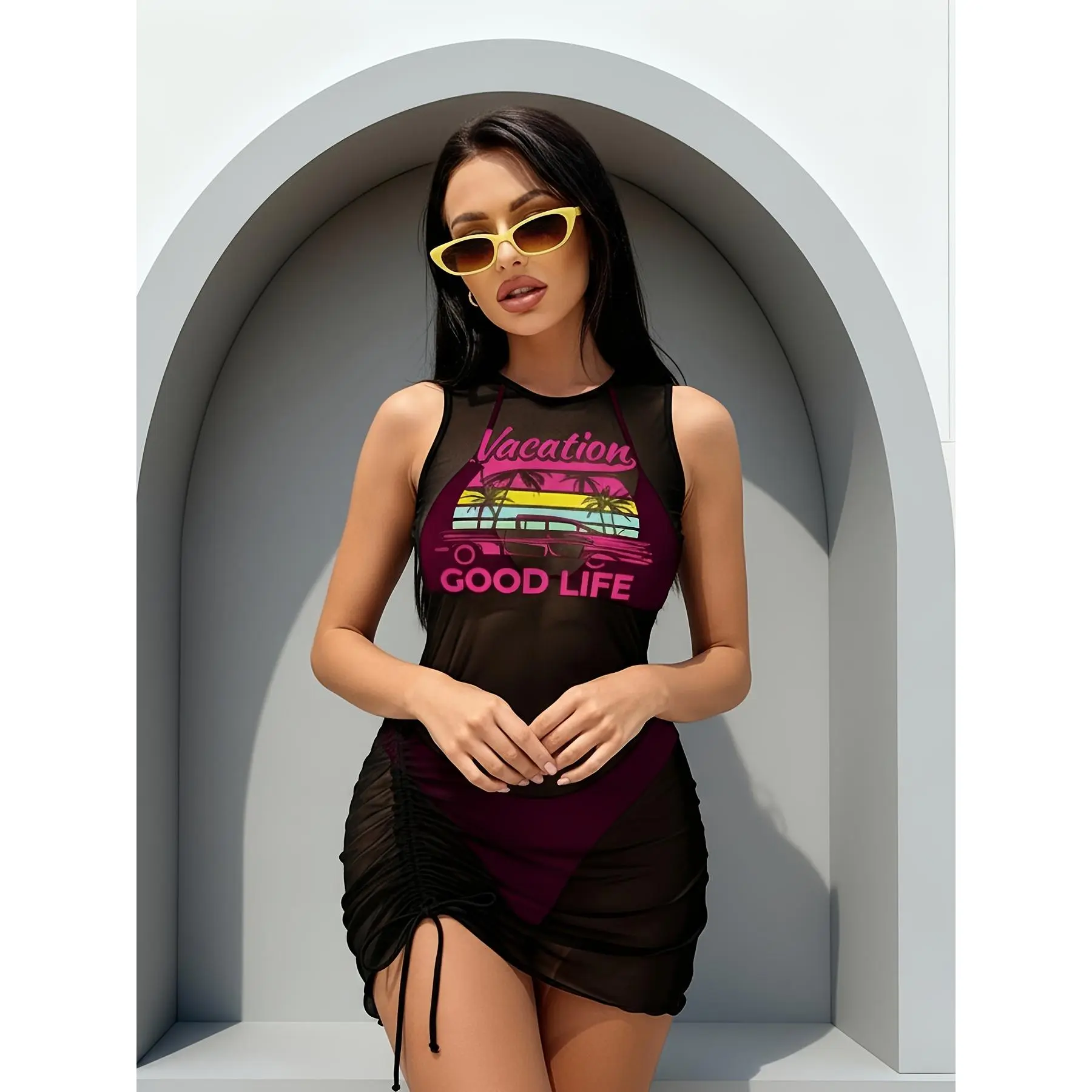 3pcs Women's Swimsuit Set with Semi-Transparent Cover-Up Dress, Pink Halter Neck Bikini Set and Black Mesh Sleeveless Cover-Up Dress with Holiday Life Theme Pattern, Fashionable Swimsuit and Cover-Up Set, Suitable for Beach Vacation