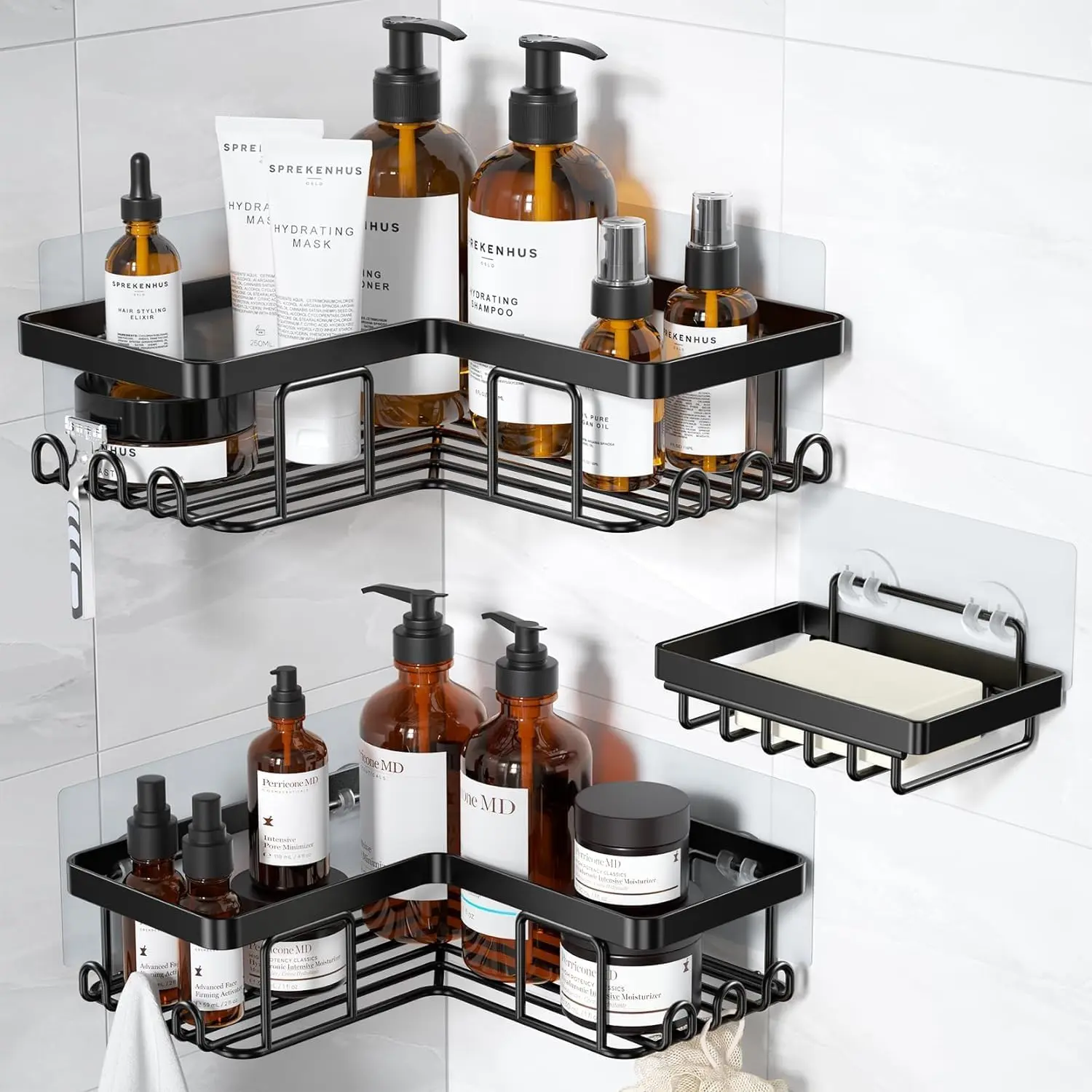 3-piece set of black no-drill corner shower storage shelves, rust-proof stainless steel wall-mounted storage shelves, equipped with a soap tray and 12 hooks, for bathroom storage