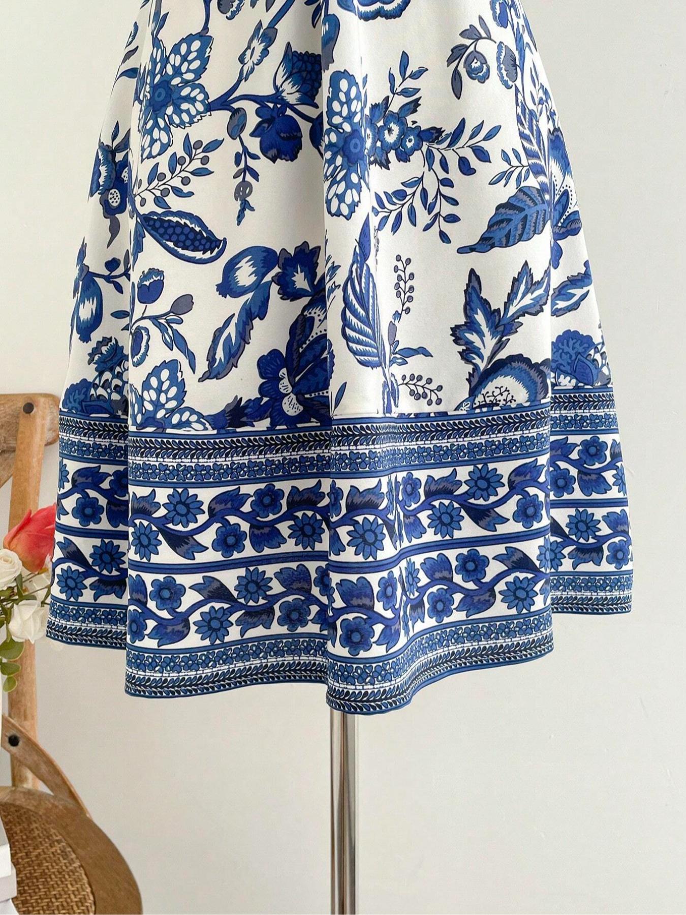 Women's Blue Porcelain Print Halter Dress, A-Line Skirt Hem, Casual Beach Vacation Wear, Bohemian Floral Pattern, Fitted Style