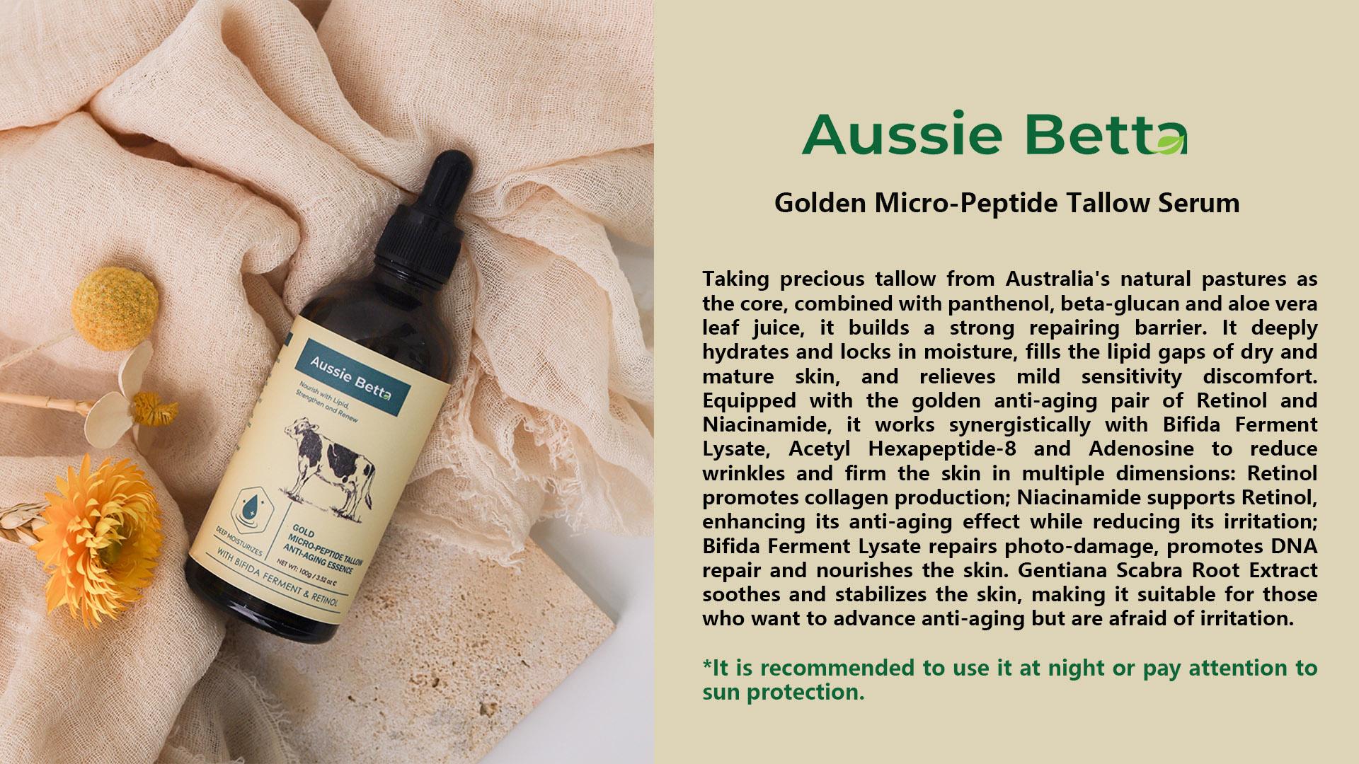 Aussie Betta High Performance Golden Micro-Peptide Tallow Serum & Time-Repair Tallow Revitalizing Cream 100g Anti Aging Collagen Retinol for Fine Lines Dark Spots No Irritation Skin Repair Rejuvenating