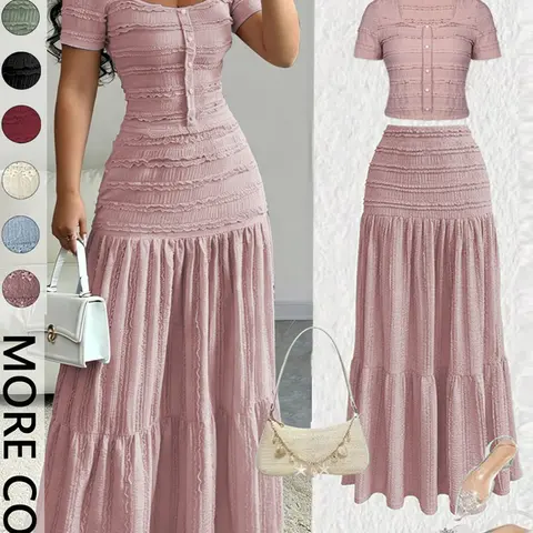 Women's Casual Elegant Chic Short-Sleeve Square-Neck T-Shirt and Half Skirt Set, Cute Spring and Fall Outfit, Skirt And Top Set