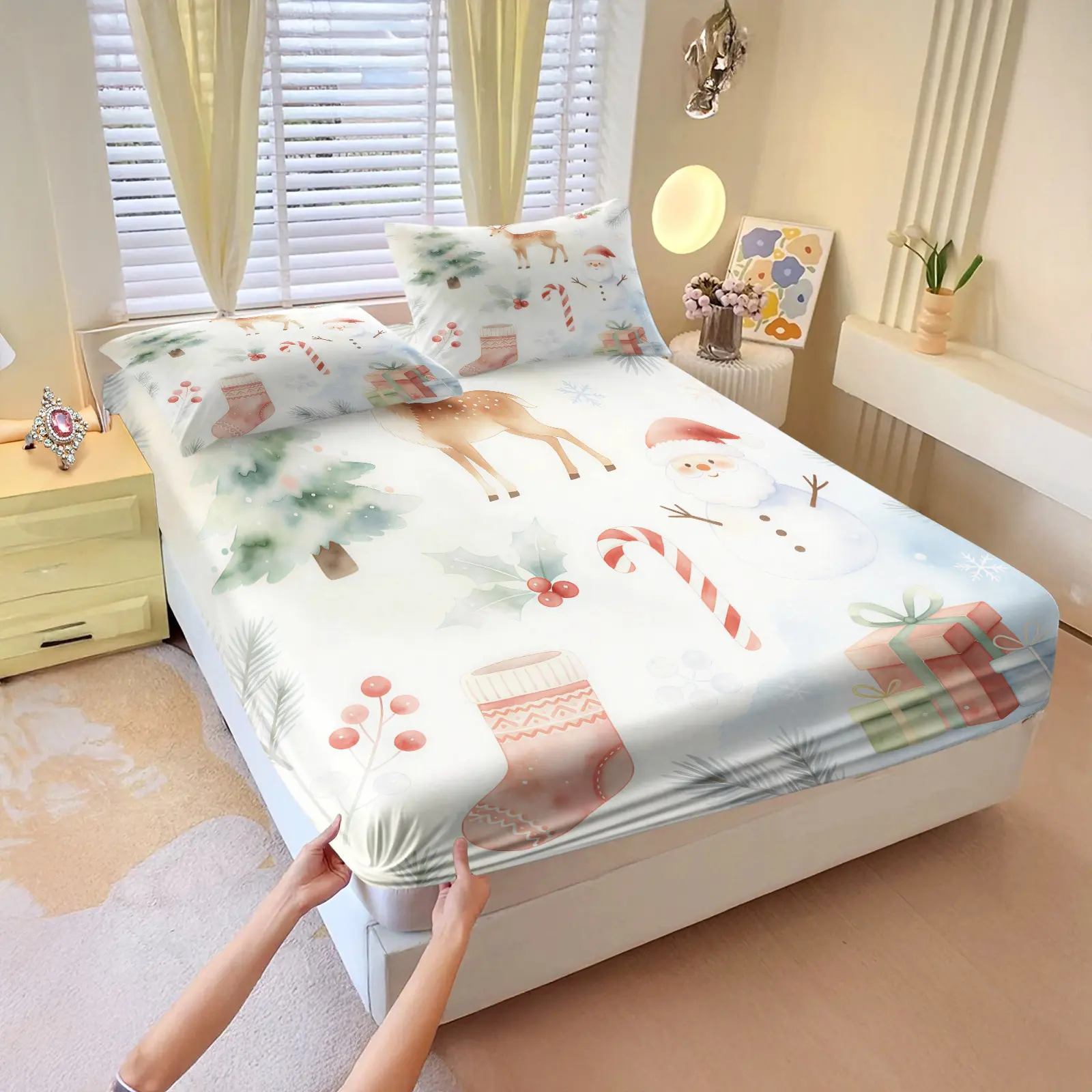3Pcs Christmas Fitted Sheet Set, Reindeer Tree Snowman Full Print, Stretch Fit Skin Friendly Mattress Cover
