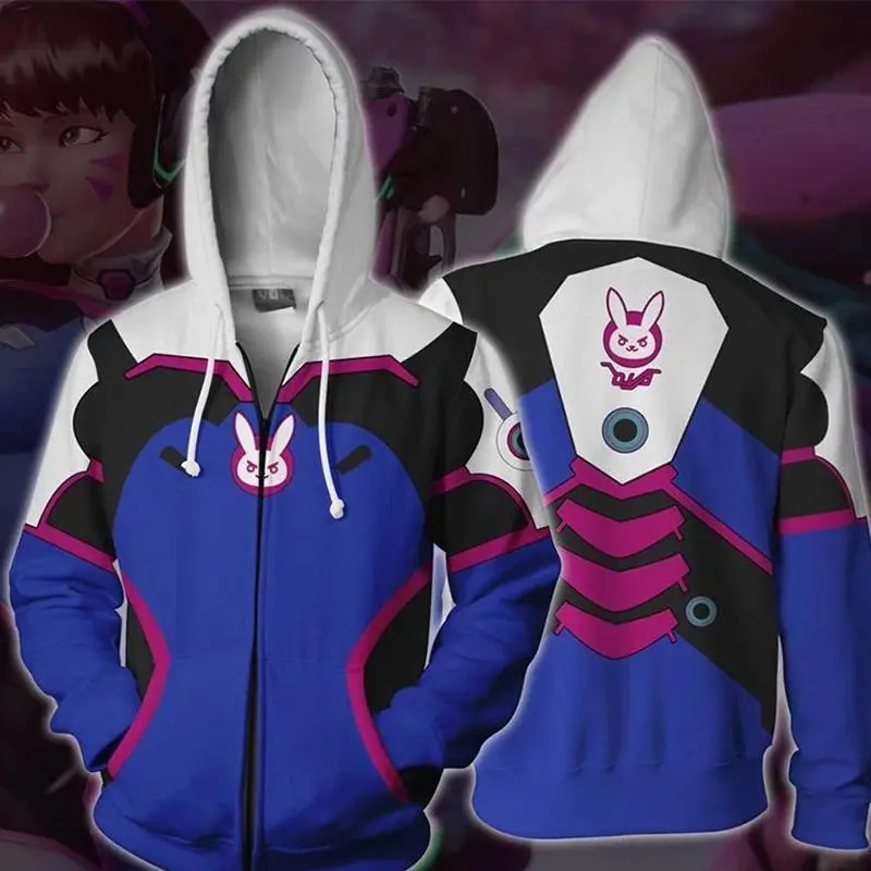 Casual Overwatch D.Va Hoodie - 3D Character Art Print, Cosplay-Ready Polyester Mix Top for Men & Women, Couple Sizes Available