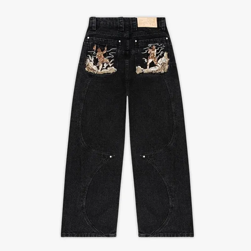 Vintage Western Cowboy Embroidered Straight Leg Jeans, Y2K Streetwear Washed Denim Pants With Curved Seam Detail, Retro Baggy Jeans