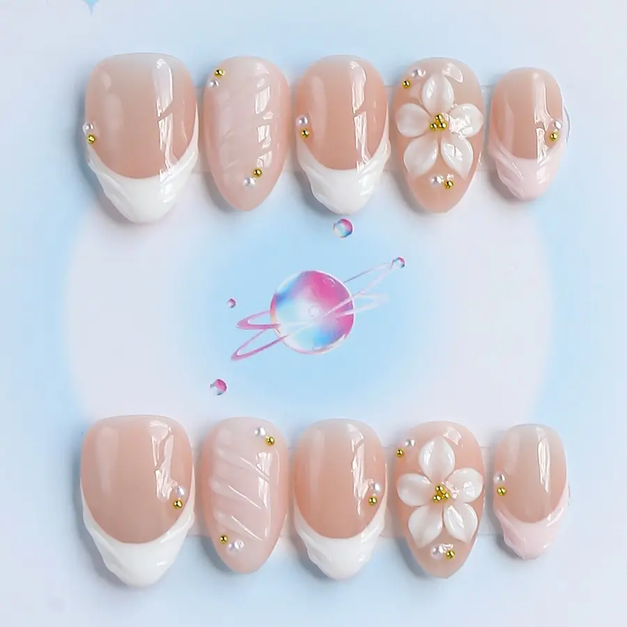 Nailssbysheccid, 10pcs press-on nails, Fake nails, short almond shape, Y2K style, 100% handmade, French style, 3D, suitable for family dinners, dates, weddings, comes with jelly glue, crystal sticks and shaping strips