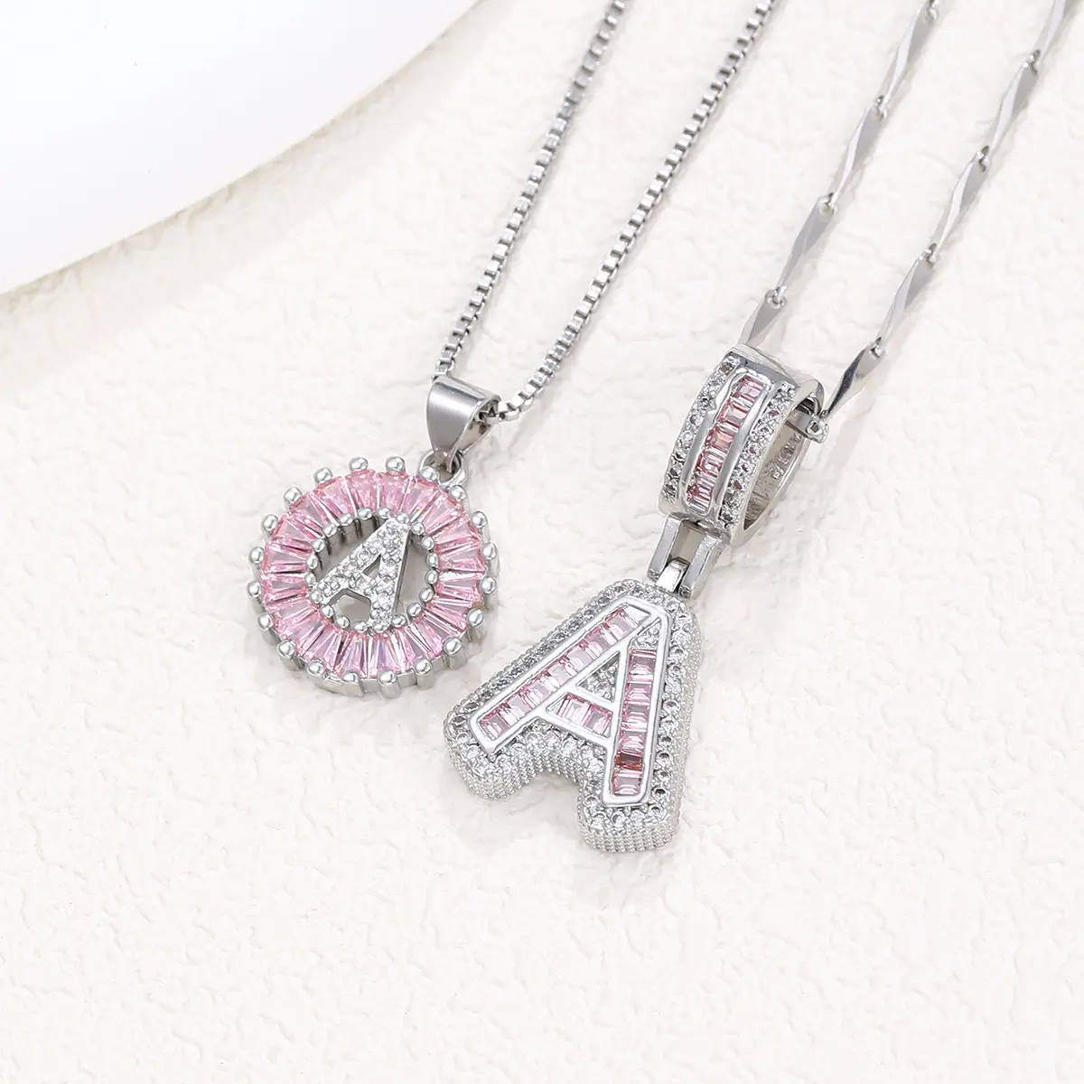 Women's 2-Piece Light Luxury Necklace Set - Blush Pink Chains with Copper-Inlaid Zircon Full-Diamond Initial and Round Flower Pendants, Chain Jewelry Necklaces