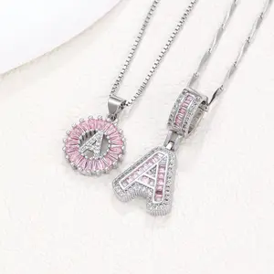 Full diamond pink candy-colored 26-letter pendant necklace for women, copper inlaid with zircon, round flower jewelry set, 2 necklaces