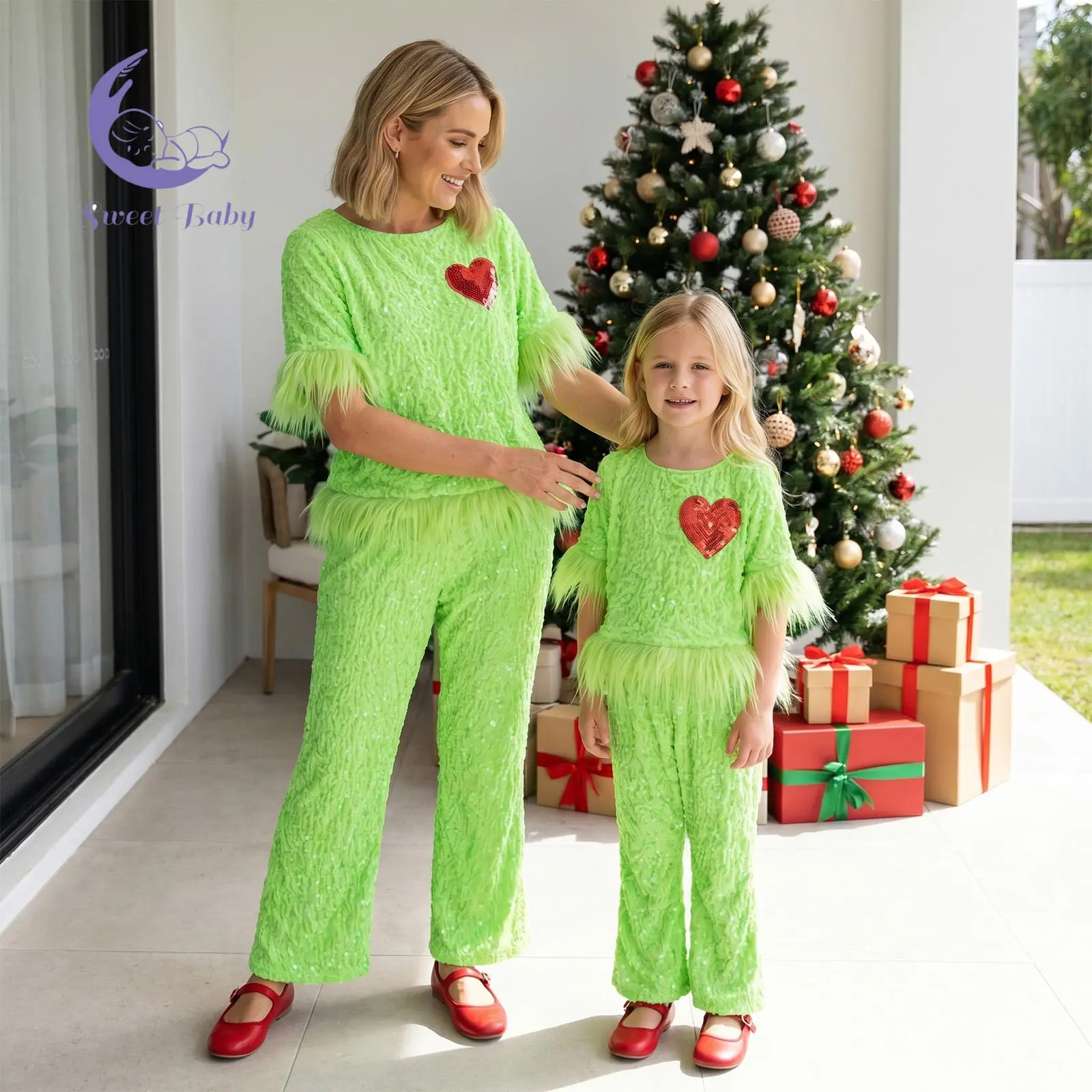 Green Christmas Family Matching Polyester Clothes - Mom & Baby 2-Piece Sequins Fur Trim Flash Top & Flared Pants for Cosplay Photoshoot