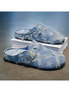 Unisex Vintage Frayed Denim Mule Clogs, Color Star Patchwork Buckle Slip On Slides, Retro Non Slip Rubber Sole Casual Walking Footwear