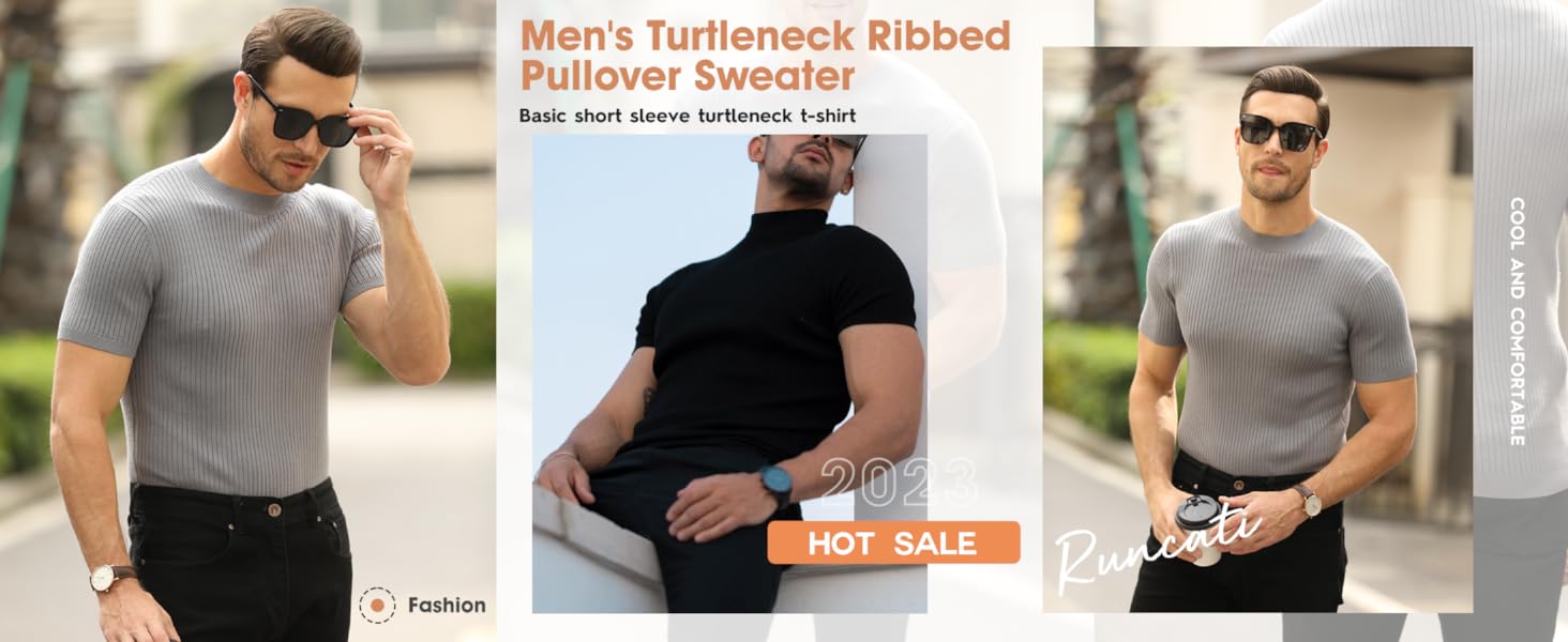 PASLTER Casual Slim Fit Basic Tops Short Sleeve Shirt Turtleneck T Shirts Rib Knitted Stretch Pullover Sweater PQ4654 Knitwear Menswear
