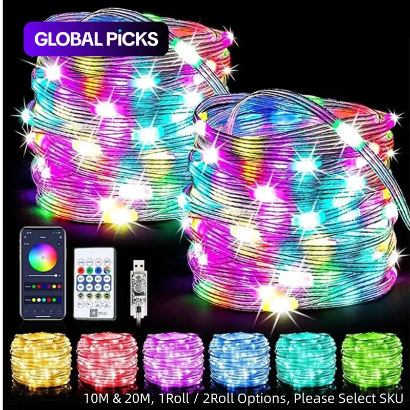 RGB Smart Flashing String Lights, Vibrant LED Lights, Bluetooth-Compatible Control, Music Sync, Waterproof Color Change, Adjustable Brightness LED Fairy Lights for Halloween, Christmas & Party Decor #GLOBAL PICKS