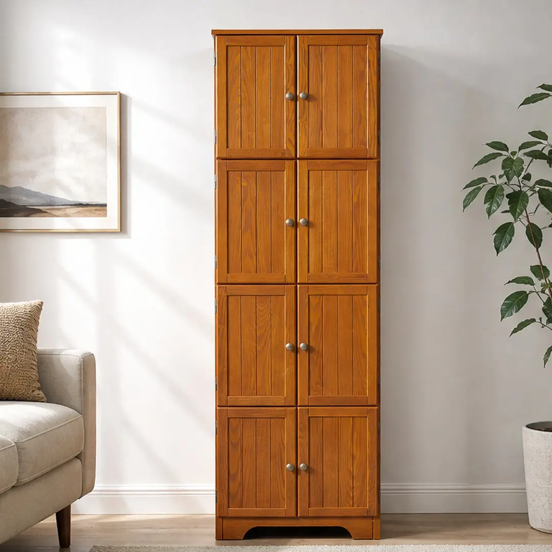 Classic 72.4" Height Oak MDF Freestanding Storage Cabinet - 8 Doors, 4 Shelves, Line Details, 12.60" W x 23.82" D x 72.40" H, 66.00 lb, Space-Saving Organizer for Living Room, Office, Compact Spaces, Oak Color Options