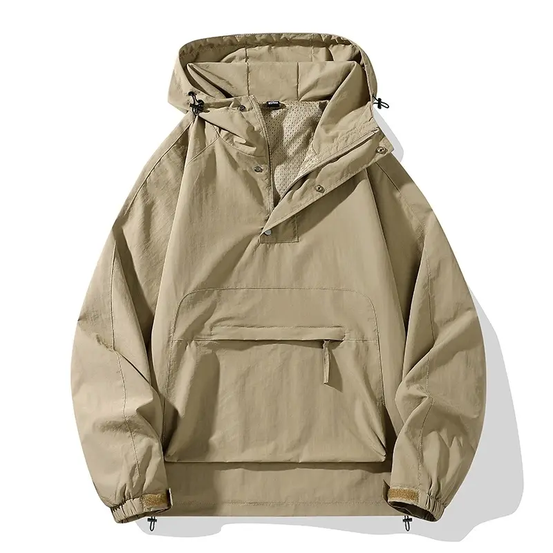Men's Casual American-Style Plain Polyester Hooded Pullover Coat, Longsleeves, Hooded Neck, Medium Length, Adjustable Drawstring Hood, Velcro Cuffs, Waterproof, Breathable, Loose-Fitting, Versatile for Hiking, Camping