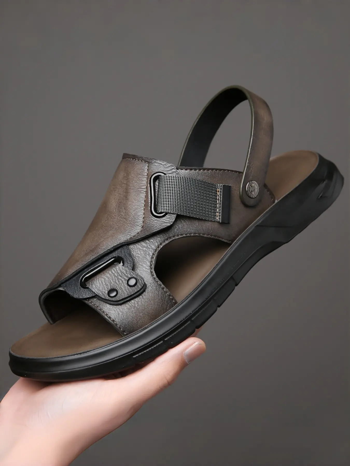 Men's Thick Sole Versatile Leather Sandals, Retro PU Leather Design, Adjustable Back Strap, Shock Absorption, Ideal for Summer Casual Wear, Backstrap Sandals