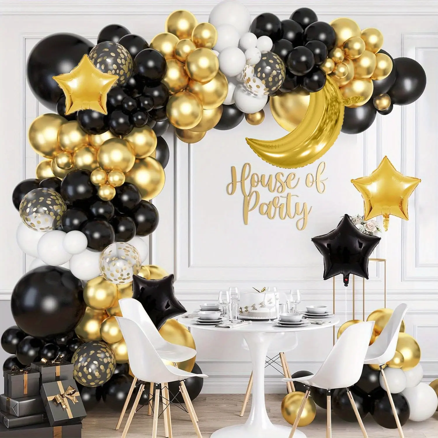122 Pack Black Gold Balloon Garland Arch Set, Multi Size Latex & Moon Star Foil Balloons, Decorations for Ramadan Eid, Graduation, New Year, Wedding & Birthday Party