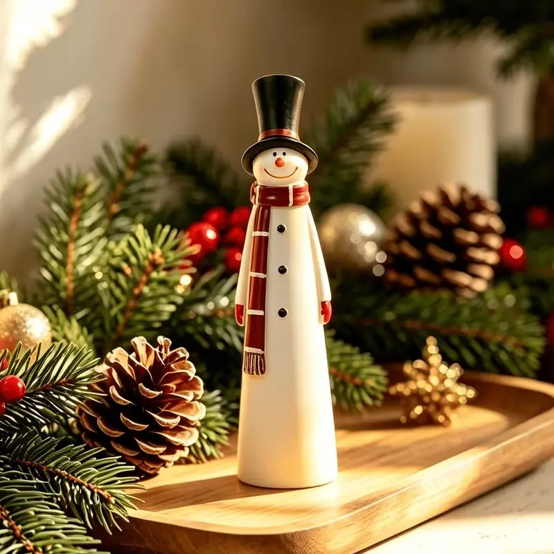 Freestanding Snowman Statue with Black Hat Red Scarf, Indoor Outdoor Christmas Decor Gift