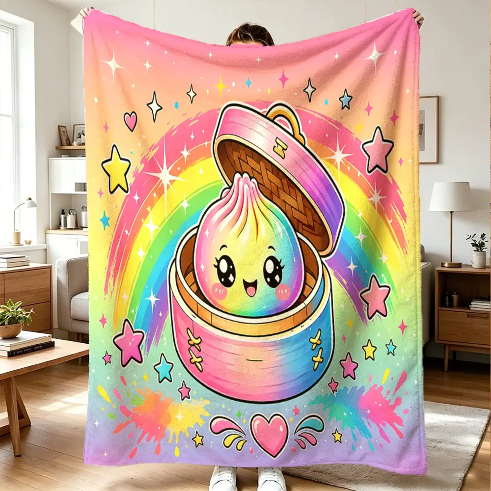 Rainbow Baozi Steam Basket Flannel Blanket, 100% Polyester, Lightweight, Comfortable, Ideal Gift for Easter, Valentine's Day, Wedding, Birthday